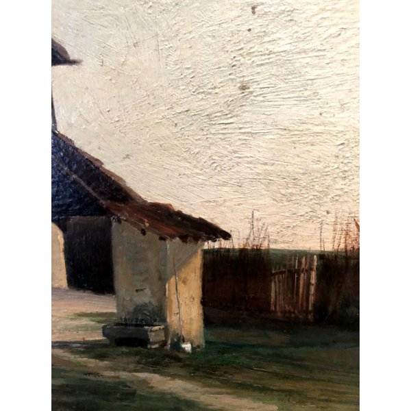 ANTICO QUADRO DIPINTO OLIO PAESAGGIO RURALE CASCINA CAMPAGNA CORTILE