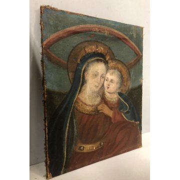 Antico Dipinto Olio Tela Madonna Del Buon Consiglio Gesu Bambino