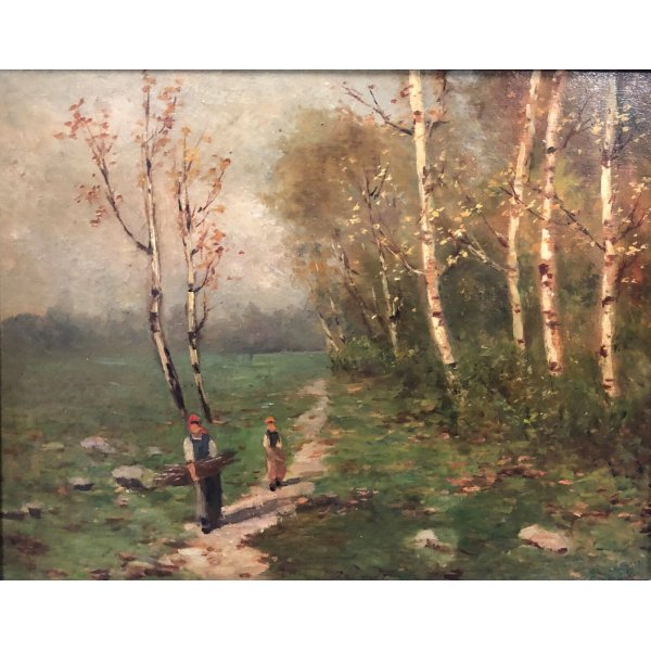 Antico Quadro Dipinto Olio Paesaggio Campagna Autunno Betulle Guilloche