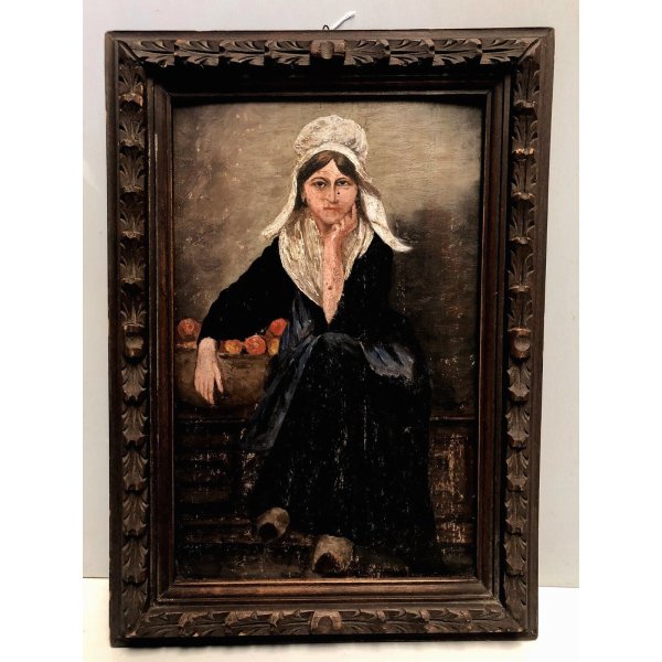 ANTICO QUADRO DIPINTO OLIO RITRATTO FIGURA GIOVANE DONNA CONTADINA