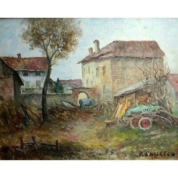  ANTICA COPPIA QUADRI OLIO su TELA V. D'Angelo PAESAGGIO CAMPAGNA CASOLARE 1900