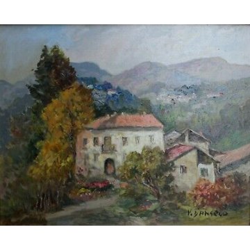  ANTICA COPPIA QUADRI OLIO su TELA V. D'Angelo PAESAGGIO CAMPAGNA CASOLARE 1900