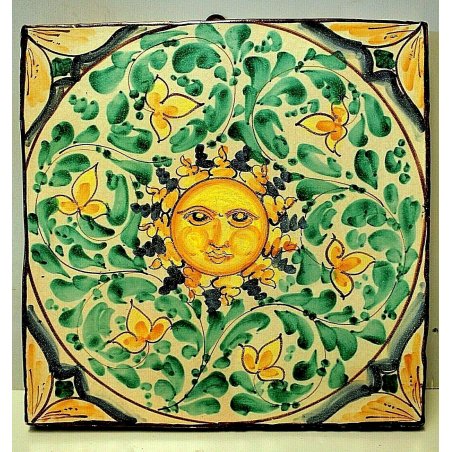 FORMELLA PIASTRELLA CERAMICA SOLE TERRACOTTA SMALTO POLICROMO ITALIA SICILIA 900