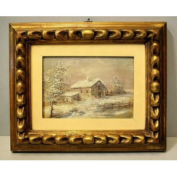 QUADRO DIPINTO OLIO ATTR. Decamps PAESAGGIO CAMPESTRE INVERNALE CASOLARE NEVE  