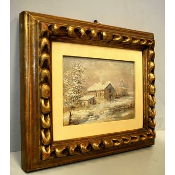 QUADRO DIPINTO OLIO ATTR. Decamps PAESAGGIO CAMPESTRE INVERNALE CASOLARE NEVE  