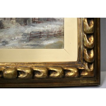 QUADRO DIPINTO OLIO ATTR. Decamps PAESAGGIO CAMPESTRE INVERNALE CASOLARE NEVE  