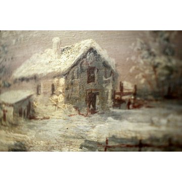 QUADRO DIPINTO OLIO ATTR. Decamps PAESAGGIO CAMPESTRE INVERNALE CASOLARE NEVE  