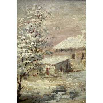 QUADRO DIPINTO OLIO ATTR. Decamps PAESAGGIO CAMPESTRE INVERNALE CASOLARE NEVE  