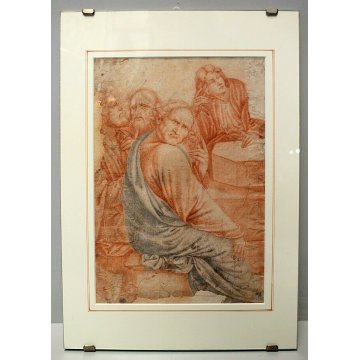 ANTICO DISEGNO PREPARATORIO STUDIO GRUPPO FIGURE SANGUINIA  su CARTA SPOLVERO