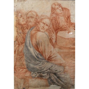 ANTICO DISEGNO PREPARATORIO STUDIO GRUPPO FIGURE SANGUINIA  su CARTA SPOLVERO