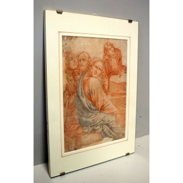 ANTICO DISEGNO PREPARATORIO STUDIO GRUPPO FIGURE SANGUINIA  su CARTA SPOLVERO