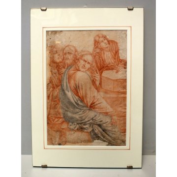ANTICO DISEGNO PREPARATORIO STUDIO GRUPPO FIGURE SANGUINIA  su CARTA SPOLVERO