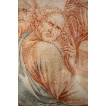 ANTICO DISEGNO PREPARATORIO STUDIO GRUPPO FIGURE SANGUINIA  su CARTA SPOLVERO