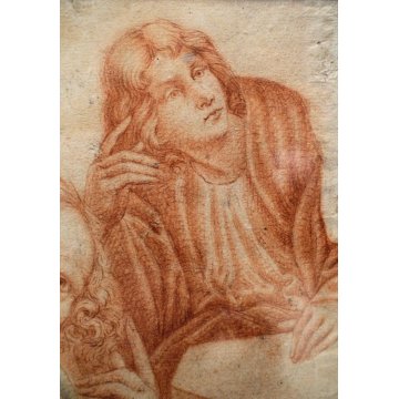 ANTICO DISEGNO PREPARATORIO STUDIO GRUPPO FIGURE SANGUINIA  su CARTA SPOLVERO
