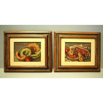 ANTICA COPPIA QUADRO OLIO H. Barnoin NATURA MORTA FRUTTA ESTATE MELONE ANGURIA 