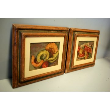 ANTICA COPPIA QUADRO OLIO H. Barnoin NATURA MORTA FRUTTA ESTATE MELONE ANGURIA 