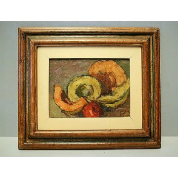 ANTICA COPPIA QUADRO OLIO H. Barnoin NATURA MORTA FRUTTA ESTATE MELONE ANGURIA 