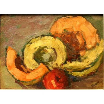 ANTICA COPPIA QUADRO OLIO H. Barnoin NATURA MORTA FRUTTA ESTATE MELONE ANGURIA 