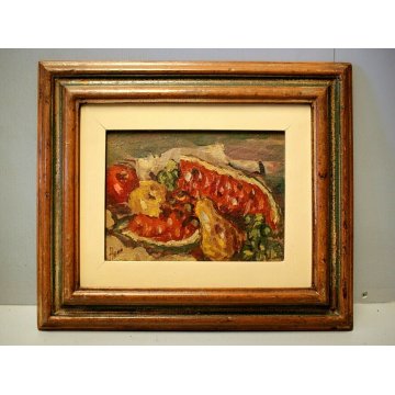 ANTICA COPPIA QUADRO OLIO H. Barnoin NATURA MORTA FRUTTA ESTATE MELONE ANGURIA 