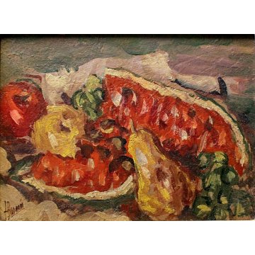 ANTICA COPPIA QUADRO OLIO H. Barnoin NATURA MORTA FRUTTA ESTATE MELONE ANGURIA 