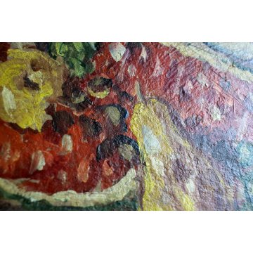 ANTICA COPPIA QUADRO OLIO H. Barnoin NATURA MORTA FRUTTA ESTATE MELONE ANGURIA 