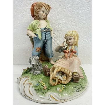 ANTICA SCULTURA PORCELLANA "FRITTATA" TIZIANO GALLI BAMBINI CANE ANNI 40/50 