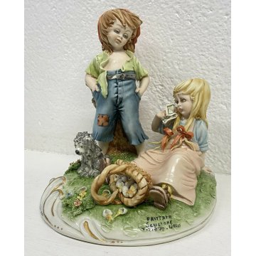 ANTICA SCULTURA PORCELLANA "FRITTATA" TIZIANO GALLI BAMBINI CANE ANNI 40/50 