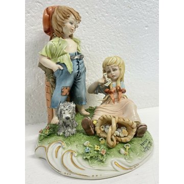 ANTICA SCULTURA PORCELLANA "FRITTATA" TIZIANO GALLI BAMBINI CANE ANNI 40/50 