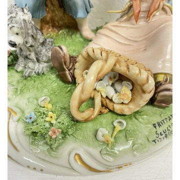 ANTICA SCULTURA PORCELLANA "FRITTATA" TIZIANO GALLI BAMBINI CANE ANNI 40/50 