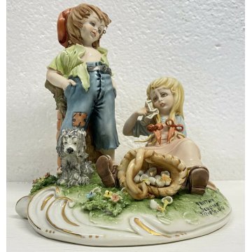 ANTICA SCULTURA PORCELLANA "FRITTATA" TIZIANO GALLI BAMBINI CANE ANNI 40/50 