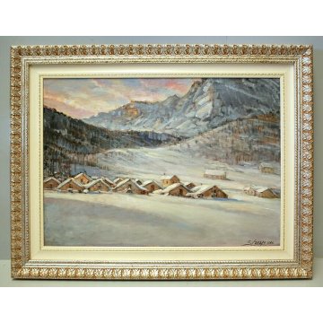 QUADRO OLIO PAESAGGIO MONTANO BAITE TRAMONTO MONTAGNE NEVE Alpe Veglia 2008