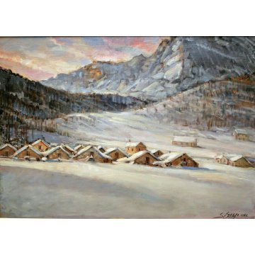 QUADRO OLIO PAESAGGIO MONTANO BAITE TRAMONTO MONTAGNE NEVE Alpe Veglia 2008