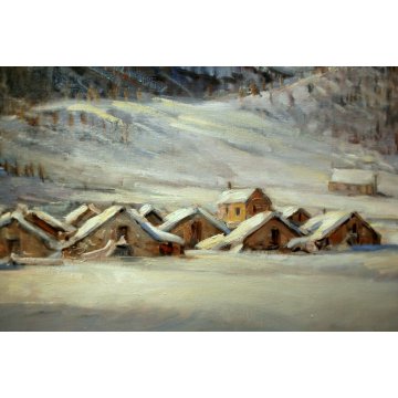 QUADRO OLIO PAESAGGIO MONTANO BAITE TRAMONTO MONTAGNE NEVE Alpe Veglia 2008