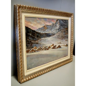 QUADRO OLIO PAESAGGIO MONTANO BAITE TRAMONTO MONTAGNE NEVE Alpe Veglia 2008