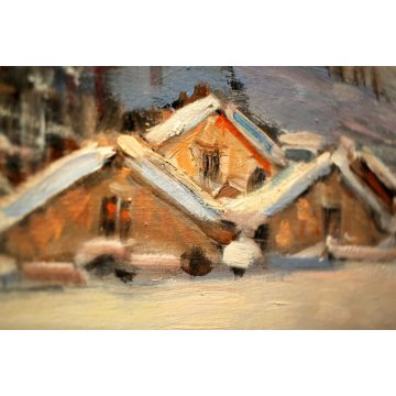 QUADRO OLIO PAESAGGIO MONTANO BAITE TRAMONTO MONTAGNE NEVE Alpe Veglia 2008