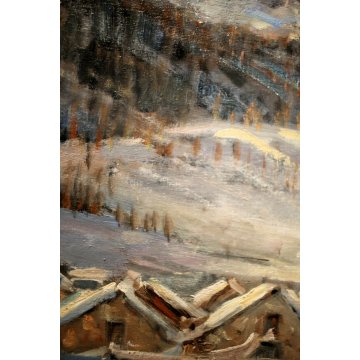 QUADRO OLIO PAESAGGIO MONTANO BAITE TRAMONTO MONTAGNE NEVE Alpe Veglia 2008