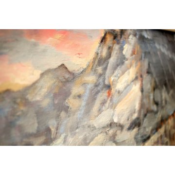 QUADRO OLIO PAESAGGIO MONTANO BAITE TRAMONTO MONTAGNE NEVE Alpe Veglia 2008