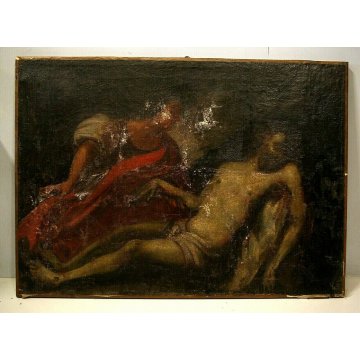 ANTICO GRANDE DIPINTO OLIO TELA DEPOSIZIONE GESU' MARIA MADDALENA SEPOLCRO '700