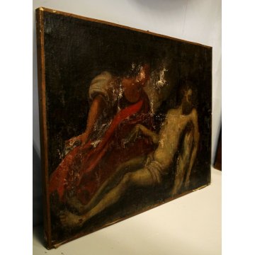 ANTICO GRANDE DIPINTO OLIO TELA DEPOSIZIONE GESU' MARIA MADDALENA SEPOLCRO '700