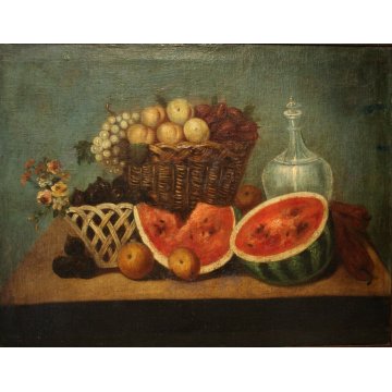 Decoro porta in legno dipinto a mano tema natura morta con cesto frutta.  Anni 50