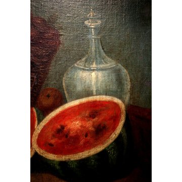 ANTICO GRANDE DIPINTO OLIO TELA NATURA MORTA CESTO FIORI FRUTTA ORTAGGI '700