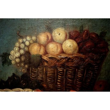 ANTICO GRANDE DIPINTO OLIO TELA NATURA MORTA CESTO FIORI FRUTTA ORTAGGI '700