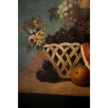 ANTICO GRANDE DIPINTO OLIO TELA NATURA MORTA CESTO FIORI FRUTTA ORTAGGI '700