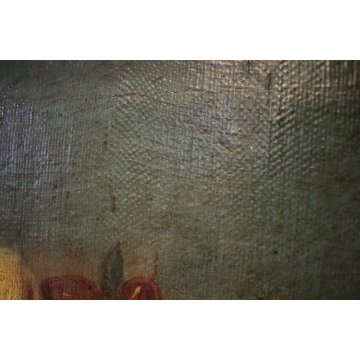 ANTICO GRANDE DIPINTO OLIO TELA NATURA MORTA CESTO FIORI FRUTTA ORTAGGI '700