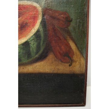 ANTICO GRANDE DIPINTO OLIO TELA NATURA MORTA CESTO FIORI FRUTTA ORTAGGI '700