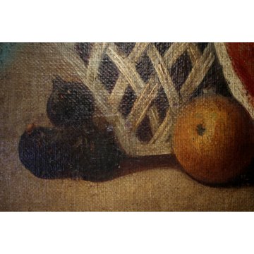 ANTICO GRANDE DIPINTO OLIO TELA NATURA MORTA CESTO FIORI FRUTTA ORTAGGI '700