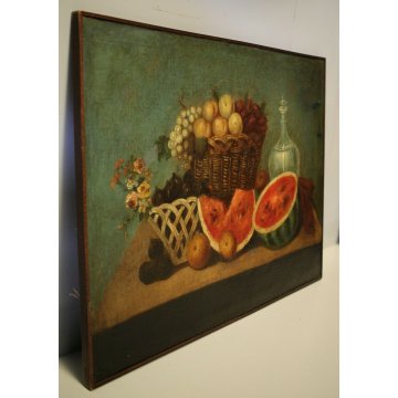 ANTICO GRANDE DIPINTO OLIO TELA NATURA MORTA CESTO FIORI FRUTTA ORTAGGI '700