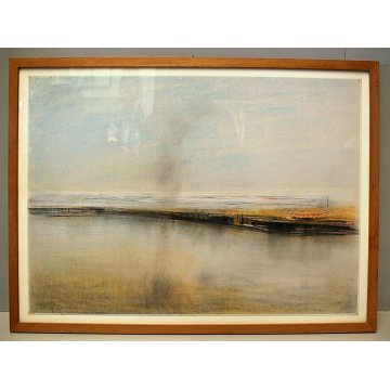 QUADRO DISEGNO A PASTELLO Aldo Alberti  "Pescara" PAESAGGIO MARINA BARCHE 1969