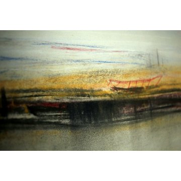 QUADRO DISEGNO A PASTELLO Aldo Alberti  "Pescara" PAESAGGIO MARINA BARCHE 1969