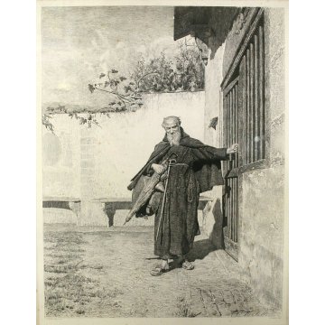 ANTICA ACQUAFORTE STAMPA INCISIONE C. Turletti "Andiam pel mondo" RITRATTO FRATE